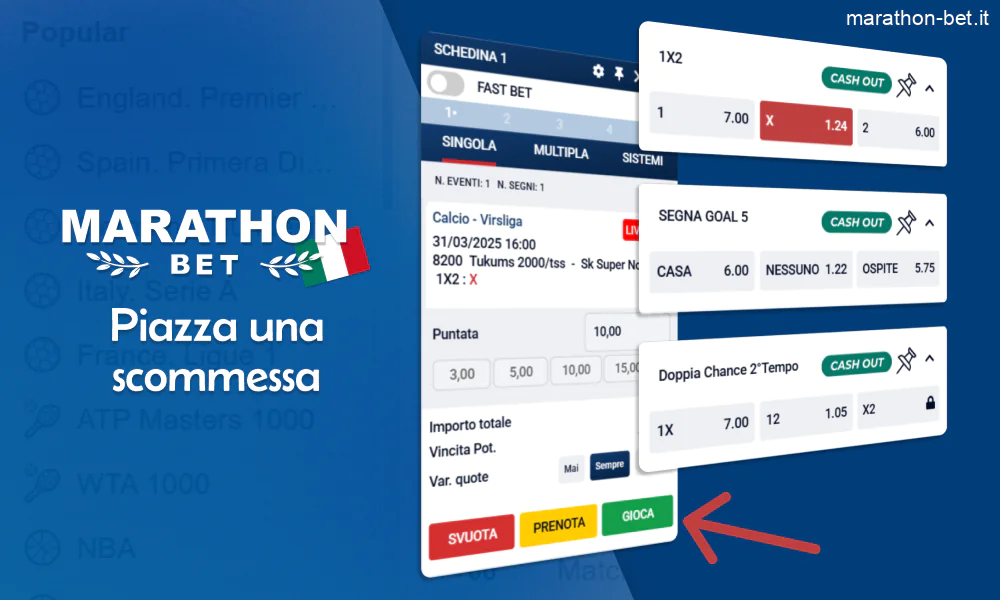 Interfaccia per piazzare una scommessa su Marathonbet
