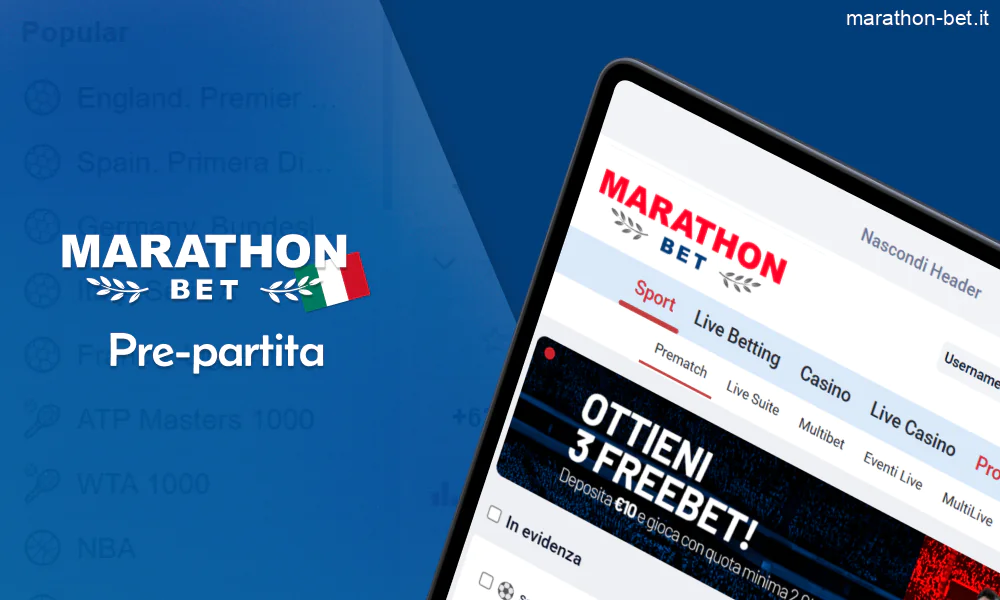 Interfaccia delle scommesse pre-partita su Marathonbet che mostra diverse quote di mercato